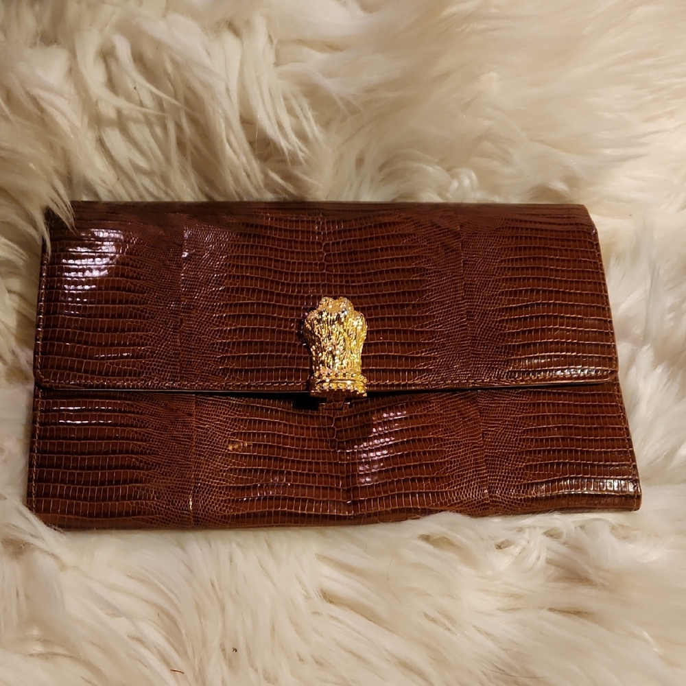 Gianfranco Ferre Brown Lizard Clutch with Gold Accent